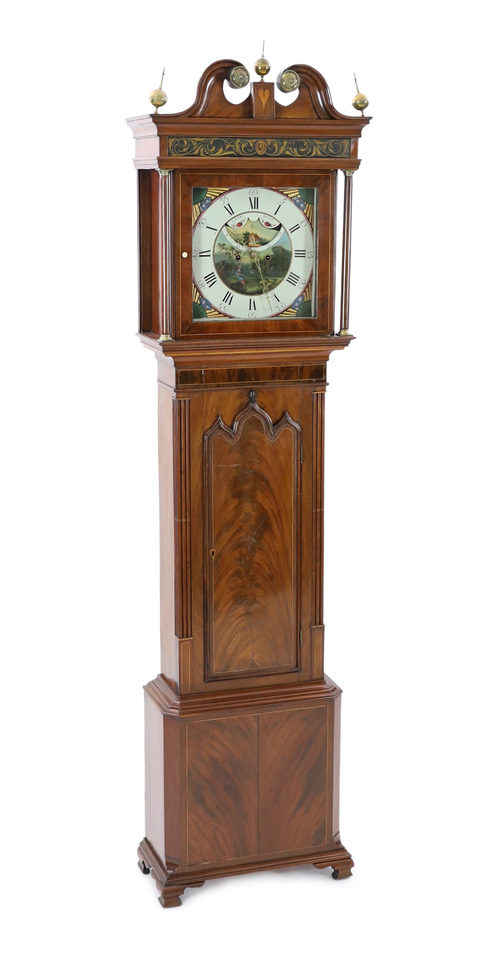 Lees of Bury. A William IV boxwood strung mahogany eight day longcase clock, W.60cm H.235cm